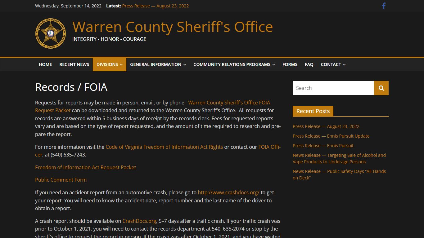 Records / FOIA - Warren County Sheriff's Office